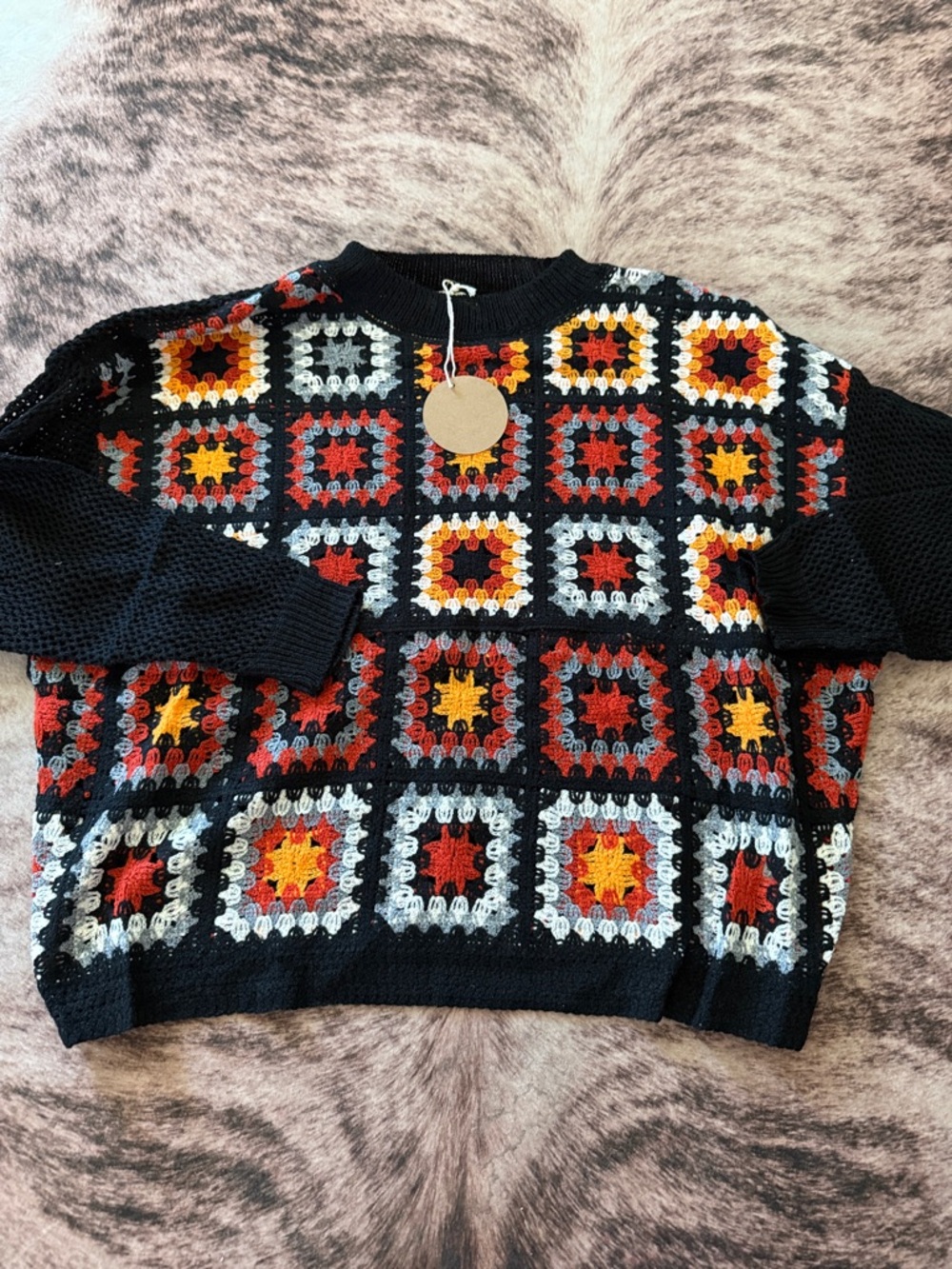 BiBi Black Crochet Crewneck Sweater with Red, Orange, Yellow & Cream Squares